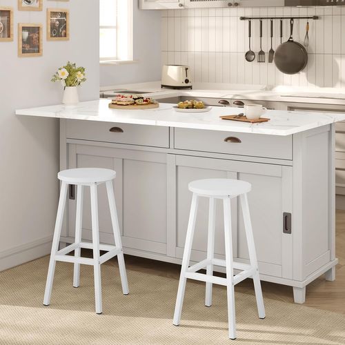 Lot De 2 Tabouret De Bar, Chaise Haute Cuisine, Siège En Bois D'ingénierie, Structure En Métal,Blanc
