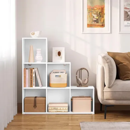 Bibliothèque Avec 6 Cubes, Étagère D'escalier, En Bois D'ingénierie, 90x30x90cm, Blanc