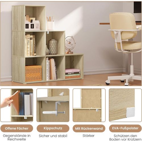 Bibliothèque Avec 6 Cubes, Étagère D'escalier, En Bois D'ingénierie, 90x30x90cm, Chêne Clair