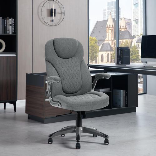 Chaise Bureau, Fauteuil De Bureau Rembourrée, Hauteur Réglable, Fonction De Basculement, Lin, Gris