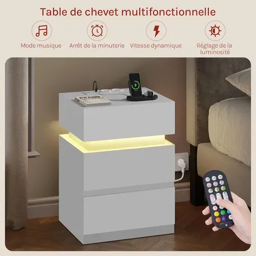Table De Chevet Avec Station De Charge, Table De Nuit LED, 2 Prises, 2 Ports USB, 1 Casier, Blanc