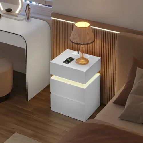 Table De Chevet Avec Station De Charge, Table De Nuit LED, 2 Prises, 2 Ports USB, 1 Casier, Blanc