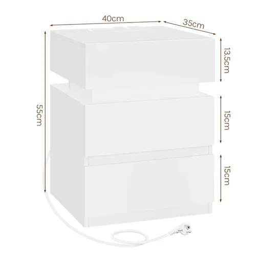 Table De Chevet Avec Station De Charge, Table De Nuit LED, 2 Prises, 2 Ports USB, 1 Casier, Blanc