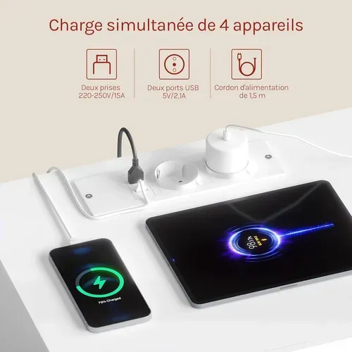 Table De Chevet Avec Station De Charge, Table De Nuit LED, 2 Prises, 2 Ports USB, 1 Casier, Blanc