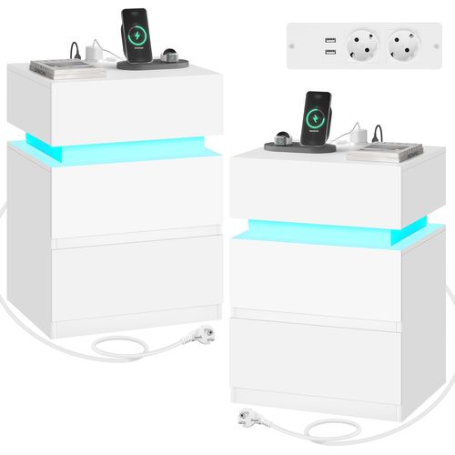 Lot De 2 Table De Chevet Avec Station De Charge, LED, 2 Prises, 2 Ports USB, 1 Casier, Blanc