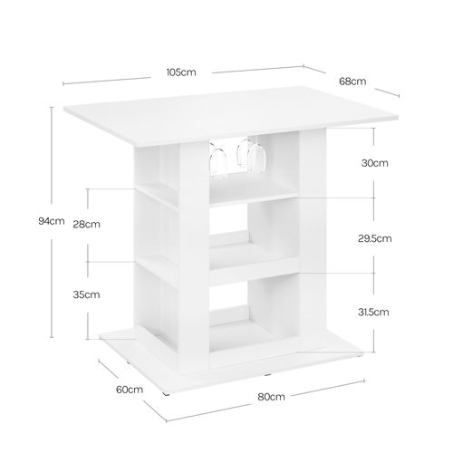 Table Bar Haute, Mange Debout, 2 Porte-verres, 3 Casiers Ouverts, 105x94x68cm, Blanc