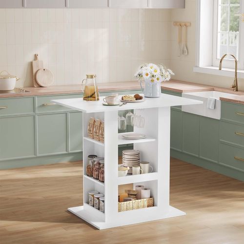 Table Bar Haute, Mange Debout, 2 Porte-verres, 3 Casiers Ouverts, 105x94x68cm, Blanc