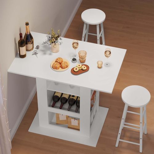 Table Bar Haute, Mange Debout, 2 Porte-verres, 3 Casiers Ouverts, 105x94x68cm, Blanc
