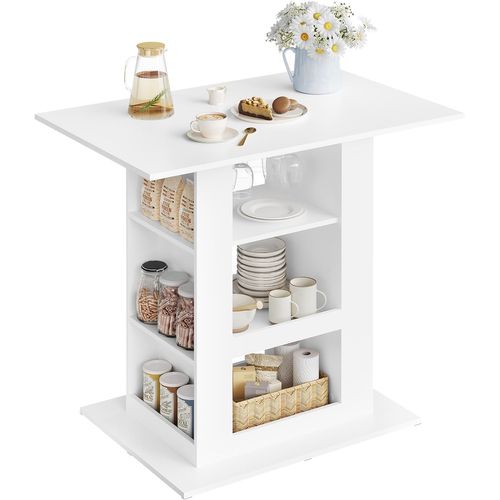 Table Bar Haute, Mange Debout, 2 Porte-verres, 3 Casiers Ouverts, 105x94x68cm, Blanc