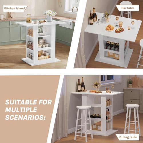 Table Bar Haute, Mange Debout, 2 Porte-verres, 3 Casiers Ouverts, 105x94x68cm, Blanc