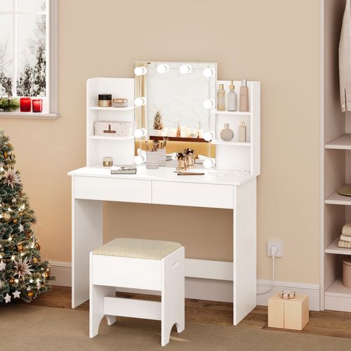 Coiffeuse Avec Miroir LED, Prises De Courant, Table De Maquillage, 90x135x40cm, Blanc