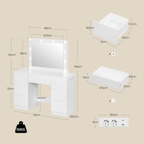 Coiffeuse Avec Miroir LED, Luminosité Réglable, Avec Multiprise, 110x39,5x140,5cm, Blanc