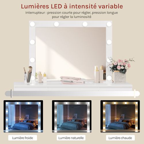 Coiffeuse Avec Miroir LED, Luminosité Réglable, Avec Multiprise, 110x39,5x140,5cm, Blanc