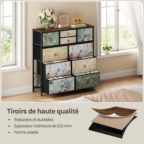 Commode à 10 Tiroirs En Tissu, Meuble Rangement, Motif De Fleur Vintage,cadre En Métal,100x30x100cm