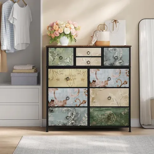 Commode à 10 Tiroirs En Tissu, Meuble Rangement, Motif De Fleur Vintage,cadre En Métal,100x30x100cm