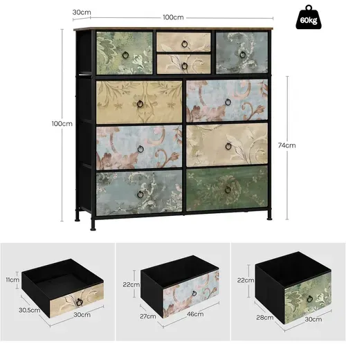 Commode à 10 Tiroirs En Tissu, Meuble Rangement, Motif De Fleur Vintage,cadre En Métal,100x30x100cm