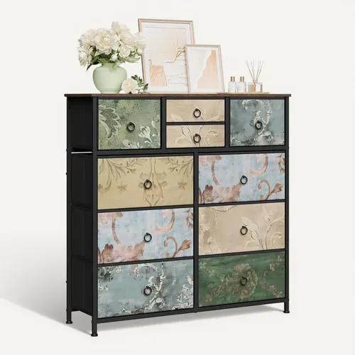 Commode à 10 Tiroirs En Tissu, Meuble Rangement, Motif De Fleur Vintage,cadre En Métal,100x30x100cm
