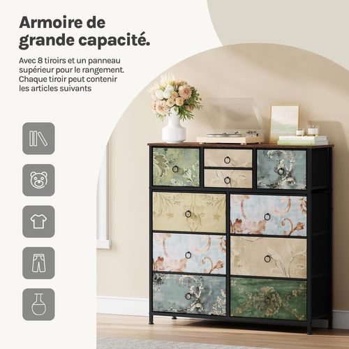 Commode à 10 Tiroirs En Tissu, Meuble Rangement, Motif De Fleur Vintage,cadre En Métal,100x30x100cm