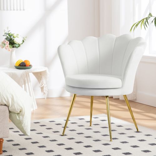 Fauteuil Salon, Dossier En Forme De Pétale, Chaise Coiffeuse En Velours, Pieds En Métal, Blanc