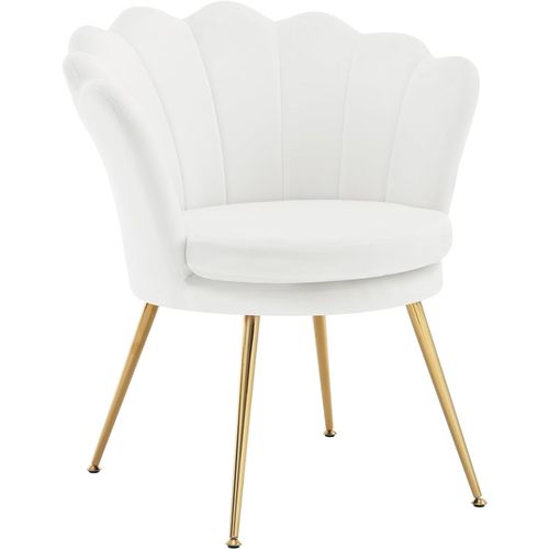 Fauteuil Salon, Dossier En Forme De Pétale, Chaise Coiffeuse En Velours, Pieds En Métal, Blanc