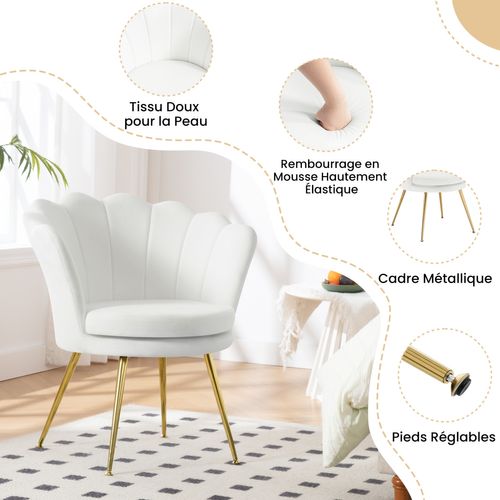 Fauteuil Salon, Dossier En Forme De Pétale, Chaise Coiffeuse En Velours, Pieds En Métal, Blanc