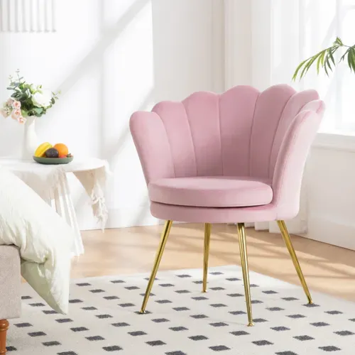 Fauteuil Salon, Dossier En Forme De Pétale, Chaise Coiffeuse En Velours, Pieds En Métal, Rose