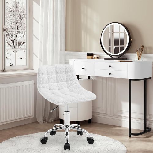 Chaise Bureau, Tabouret Coiffeuse, Pivotante, Hauteur Réglable, Rembourrée En Chenille, Blanc