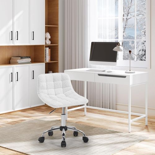 Chaise Bureau, Tabouret Coiffeuse, Pivotante, Hauteur Réglable, Rembourrée En Chenille, Blanc