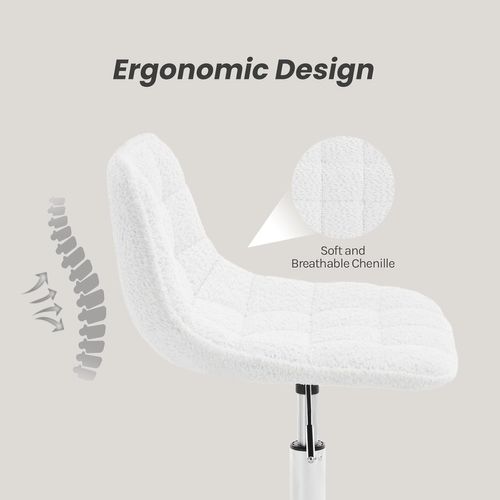Chaise Bureau, Tabouret Coiffeuse, Pivotante, Hauteur Réglable, Rembourrée En Chenille, Blanc