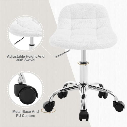 Tabouret De Bureau, Tabouret Coiffeuse En Chenille, Pivotant, Hauteur Réglable, Blanc