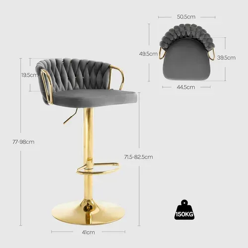 4 X Tabouret De Bar Avec Dossier Tissé + Repose-pieds,pivotant,hauteur Réglable,en Métal,gris Foncé
