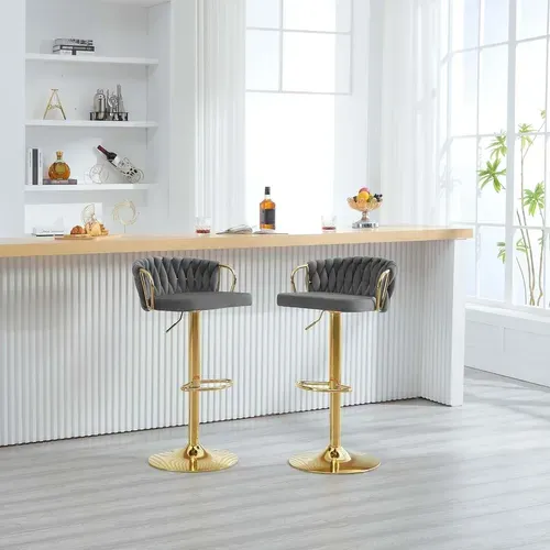 4 X Tabouret De Bar Avec Dossier Tissé + Repose-pieds,pivotant,hauteur Réglable,en Métal,gris Foncé