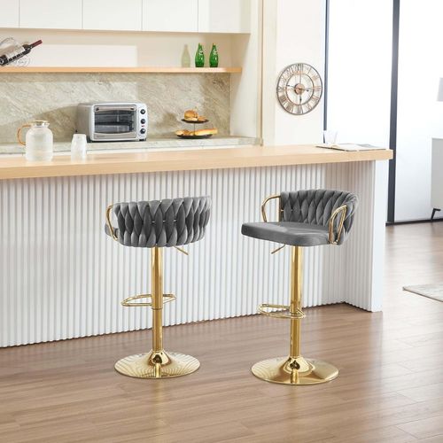 4 X Tabouret De Bar Avec Dossier Tissé + Repose-pieds,pivotant,hauteur Réglable,en Métal,gris Foncé