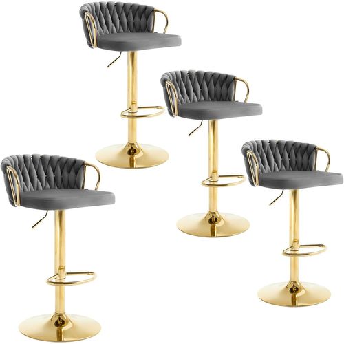 4 X Tabouret De Bar Avec Dossier Tissé + Repose-pieds,pivotant,hauteur Réglable,en Métal,gris Foncé