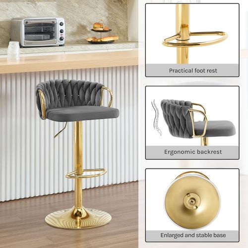 4 X Tabouret De Bar Avec Dossier Tissé + Repose-pieds,pivotant,hauteur Réglable,en Métal,gris Foncé