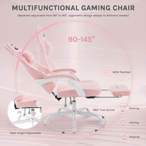 Fauteuil Gaming, Avec Coussin à Ressorts Ensachés, Appui-tête, Support Lombaire, Repose-pieds, Rose