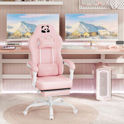 Fauteuil Gaming, Avec Coussin à Ressorts Ensachés, Appui-tête, Support Lombaire, Repose-pieds, Rose
