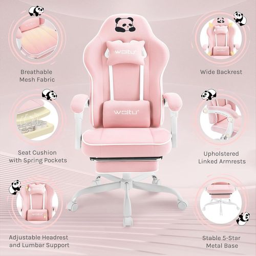 Fauteuil Gaming, Avec Coussin à Ressorts Ensachés, Appui-tête, Support Lombaire, Repose-pieds, Rose