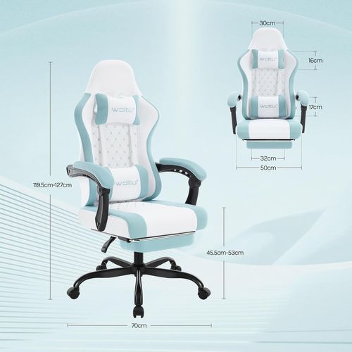 Chaise Gaming, Fauteuil Gamer, Avec Coussin à Ressorts, Soutien Lombaire, Tissu Maille, Blanc+bleu