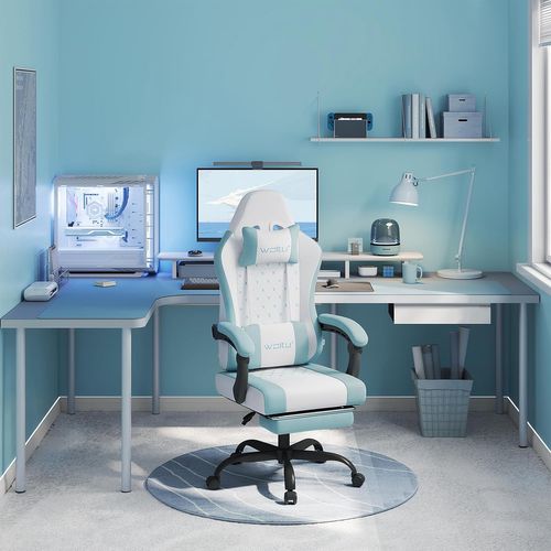 Chaise Gaming, Fauteuil Gamer, Avec Coussin à Ressorts, Soutien Lombaire, Tissu Maille, Blanc+bleu