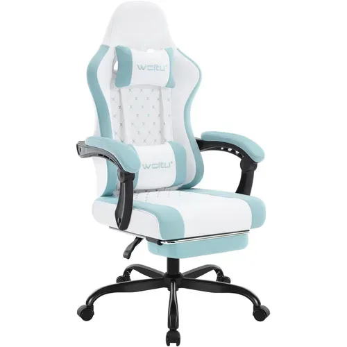 Chaise Gaming, Fauteuil Gamer, Avec Coussin à Ressorts, Soutien Lombaire, Tissu Maille, Blanc+bleu