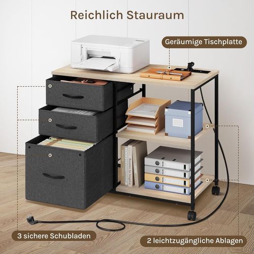 Caisson Bureau à Roulettes Avec Station Charge, Meuble Imprimante, 2 Prises, 2 Ports USB,Chêne Clair