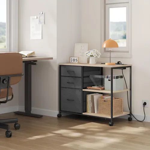 Caisson Bureau à Roulettes Avec Station Charge, Meuble Imprimante, 2 Prises, 2 Ports USB,Chêne Clair