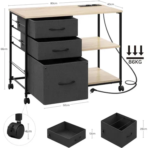 Caisson Bureau à Roulettes Avec Station Charge, Meuble Imprimante, 2 Prises, 2 Ports USB,Chêne Clair
