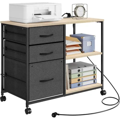 Caisson Bureau à Roulettes Avec Station Charge, Meuble Imprimante, 2 Prises, 2 Ports USB,Chêne Clair