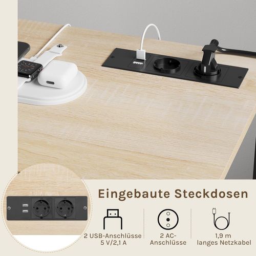 Caisson Bureau à Roulettes Avec Station Charge, Meuble Imprimante, 2 Prises, 2 Ports USB,Chêne Clair