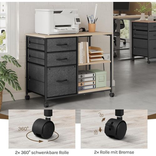 Caisson Bureau à Roulettes Avec Station Charge, Meuble Imprimante, 2 Prises, 2 Ports USB,Chêne Clair