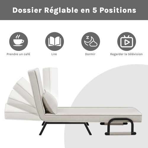 Fauteuil Convertible 1 Place - Gris, Dossier Réglable, Oreiller Inclus, Devient Lit
