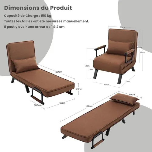 Fauteuil Lit 1 Place Convertible, Canapé Lit 3 En 1, Avec Dossier Réglable,Oreiller Amovible,Marron