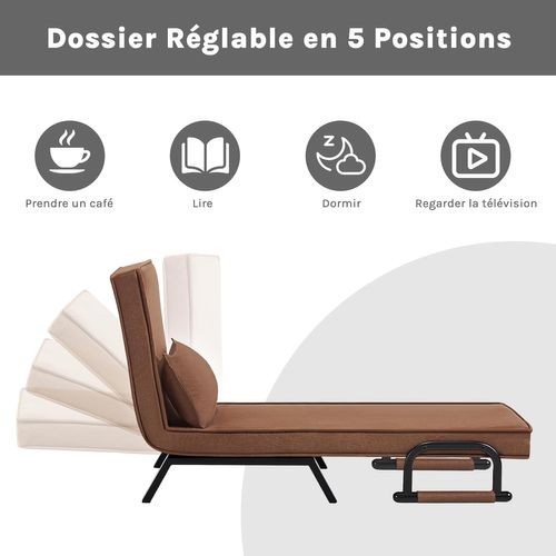 Fauteuil Lit 1 Place Convertible, Canapé Lit 3 En 1, Avec Dossier Réglable,Oreiller Amovible,Marron